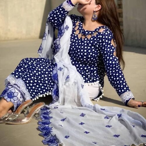 3PC Lawn Cotton Polka Dot Dress – Embroidered Trousers & Chiffon Dupatta with Cutwork