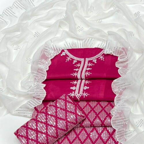 3PC Soft Cotton Lawn Dress – Sequin Embroidered Shirt, Contrasting Chiffon Dupatta & Trouser