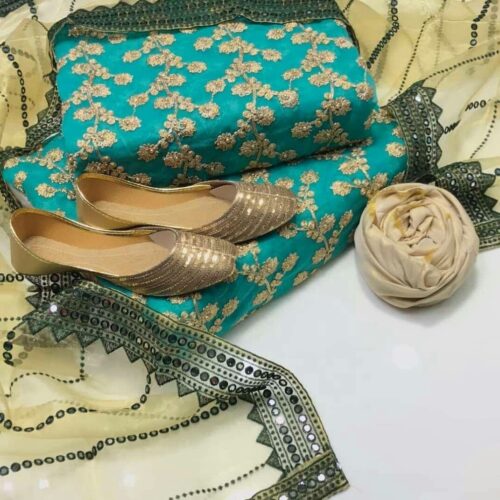 4-Piece Unstitched Wedding Suit for Girls – Crinkle Georgette Embroidered Shirt, Masoori Trouser, Organza Dupatta with Free Khussa