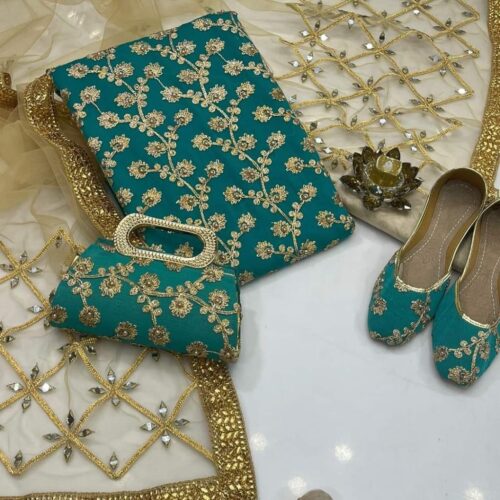 5-Piece Unstitched Wedding Dress for Women - Chiffon Nag Jaal Shirt, Masoori Trouser, Net Mirror Work Dupatta with Khussa & Clutch