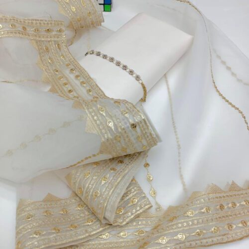 3-Piece Unstitched Dress for Women - Kataan Silk Shirt & Trouser with Organza Embroidered Dupatta and Neckline