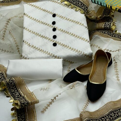 4-Piece Unstitched Wedding Dress for Women - Shamooz Silk Shirt, Kataan Silk Trouser, Organza Embroidered Dupatta & Fancy Khussa